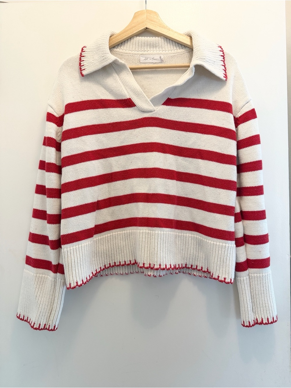 All in Favor Red/Cream Striped Collared Sweater With Decorative Stich Hem Size L